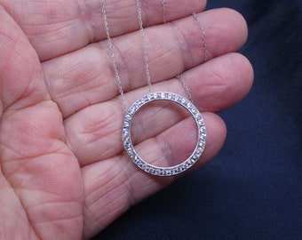 10K Solid White Gold Circle of Life With CZ Pendant Necklace