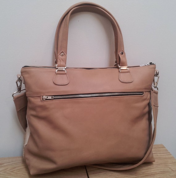 Cowhide leather handbag in tan and grey made with New Zealand Etsy