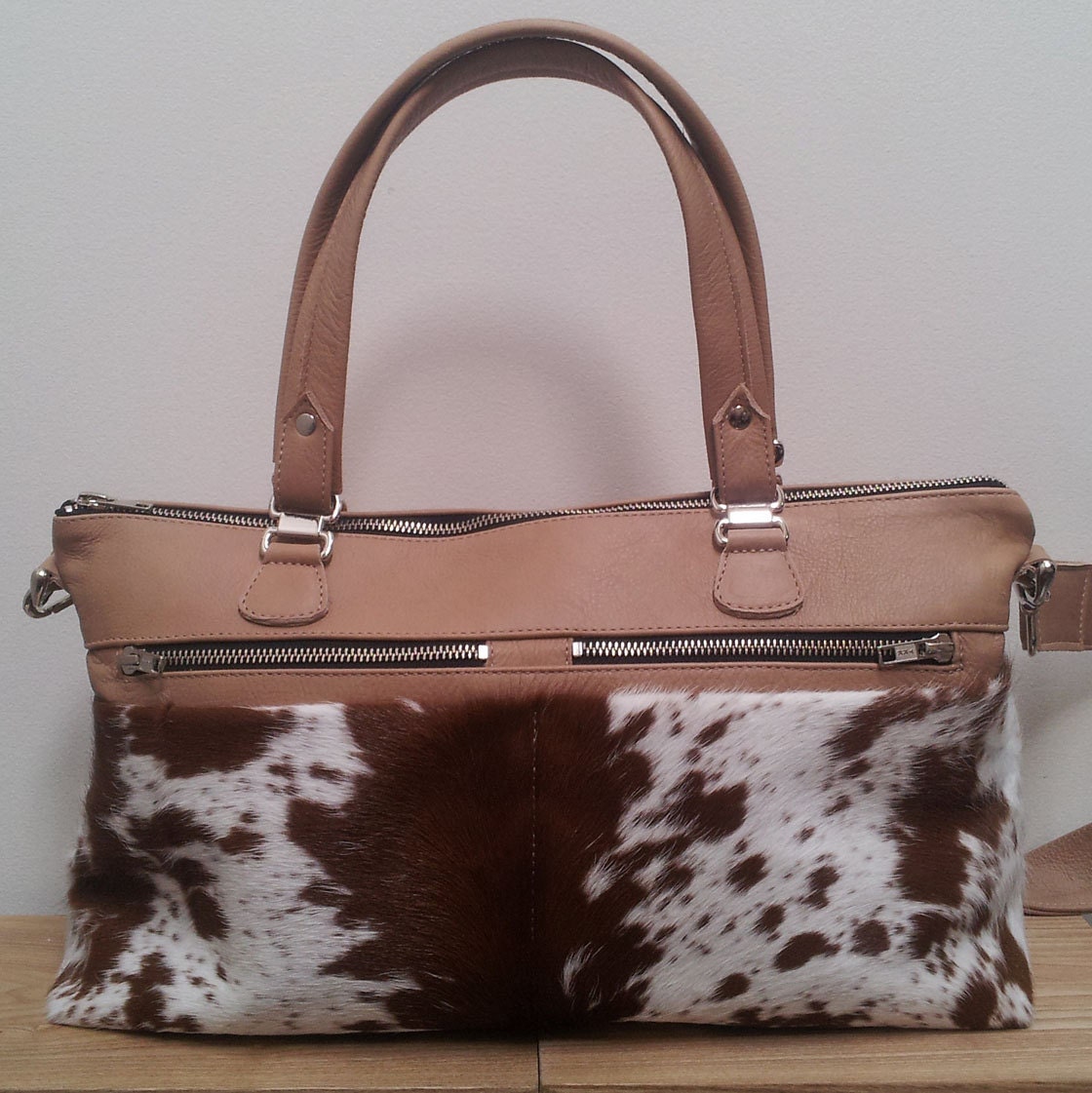 Cowhide leather handbag with Tan cowhide made with Tan and Etsy