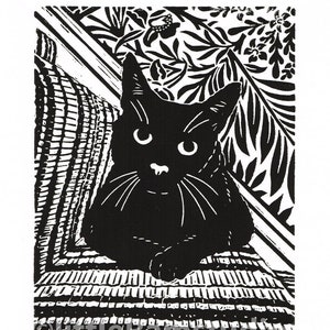 Black Cat Print, Black Cat Art, Black Cat Linocut Print Original Handmade image 1