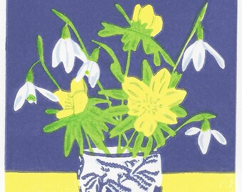 Winter Egg Cup print, Snowdrop linocut print, Snowdrops in Willow Pattern Egg Cup Limited Edition Linocut Print