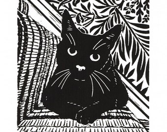 Black Cat Print, Black Cat Art, Black Cat Linocut Print Original Handmade