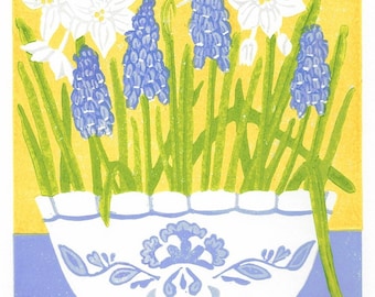 Muscari and Paperwhites Narcissus in Delft bowl Limited Edition Linocut Print