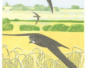 Rural Swifts Linocut Print, Original Limited Edition Art