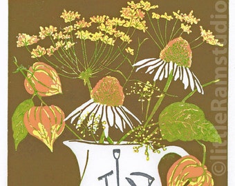 Autumn Allotment Flowers, Autumn flowers limited edition linocut print