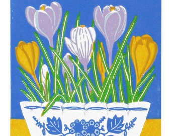 Crocus print, Crocus linocut, Crocus art, Crocus in Delft bowl Limited Edition Linocut Print