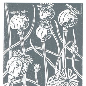 Charcoal Grey Poppy Seedhead Linocut Print