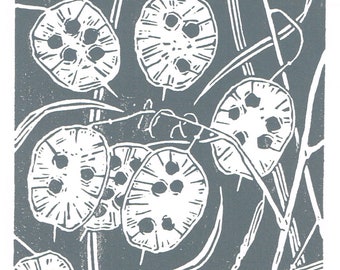 Honesty Seedhead Linocut Print in Charcoal Grey