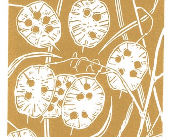 Honesty Seedhead Linocut Print in Caramel