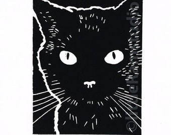 Black Cat- Linocut Original hand pulled Relief Print
