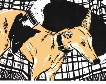 Whippet dogs sleeping art print - Linocut limited edition Print