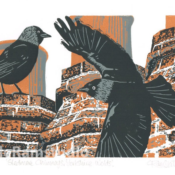 Jackdaws bird print - titled 'Sledmere Chimneys, Yorkshire Wolds' - Original limited edition hand cut linocut print.
