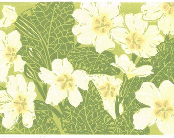 Primroses print, Primroses art, Primrose Flower linocut print - Limited Edition Linocut Reduction Print