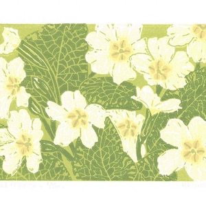 Primroses print, Primroses art, Primrose Flower linocut print - Limited Edition Linocut Reduction Print