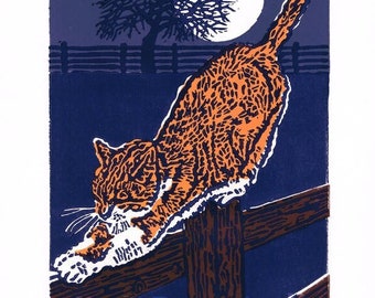 Marmalade Cat linocut print, Limited Edition Hand Pulled Linocut Print