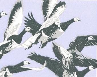 Barnacle Geese Art linoprint - Original limited edition hand cut linocut print.