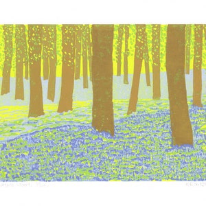 May include: A vibrant print depicting a forest. Brown tree trunks rise from a bed of blue and green flowers. The upper part of the print shows yellow and green foliage, with a light blue sky visible.