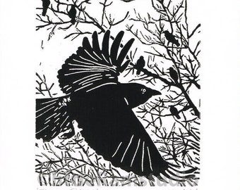 Black Crows art print - Linocut Original hand pulled Relief Print