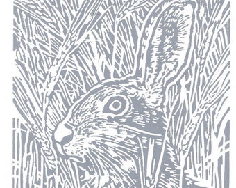 Grey Hare Linocut Print - Hand cut Linocut Print