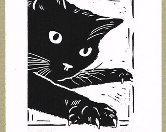 Black Cat with claws Linocut print. Original hand cut Relief Print