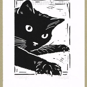 Black Cat with claws Linocut print. Original hand cut Relief Print