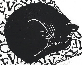 Black Cat, Black Cat Print - Black Cat Linocut Print
