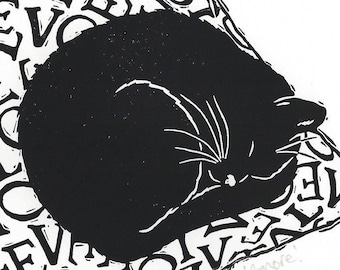 Black Cat Original Linocut Print, Sleeping Cat Art, Signed & Mounted