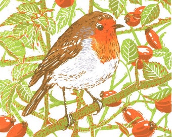 Robin print, Robin linocut print, Robin limited edition linocut print.