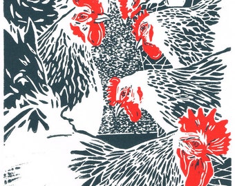 Hens Linocut print - Cockerel and flock of hens - Original hand-pulled Linocut Print