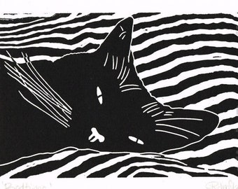 Black Cat Sleeping Linocut print. Original hand pulled linoprint