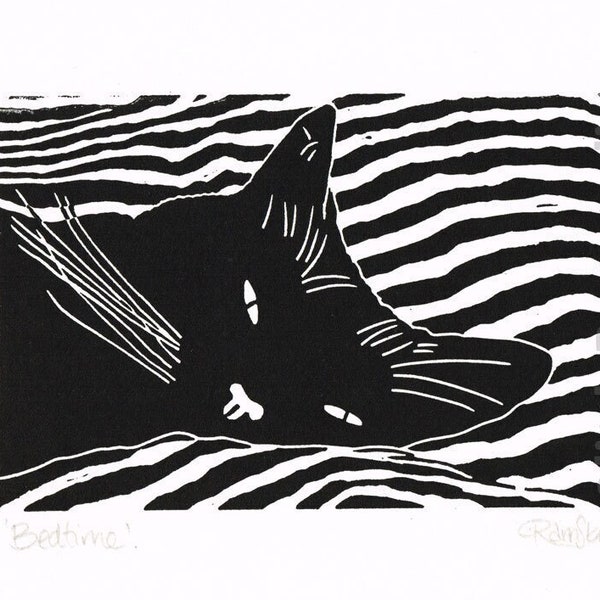 Black Cat Sleeping Linocut print. Original hand pulled linoprint