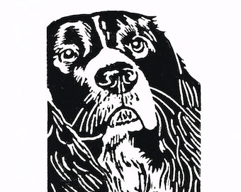 Springer Spaniel Dog art Print - Linocut Original hand-pulled Relief Print