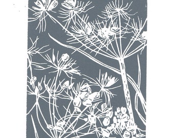 Charcoal Grey Cow Parsley Linocut Print