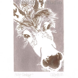Grey Donkey Linocut Original hand pulled Relief Print image 1