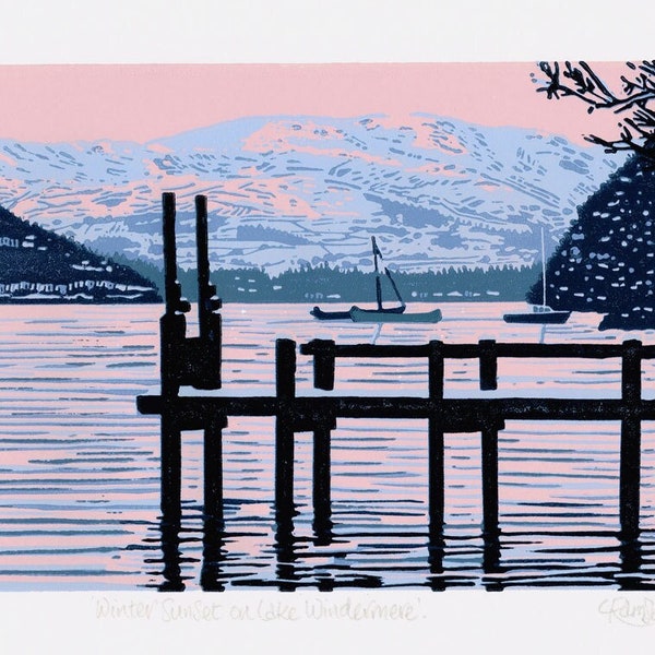 Winter Sunset on Lake Windermere - Limited Edition Linocut Reduction Print - Contemporary Fine Art