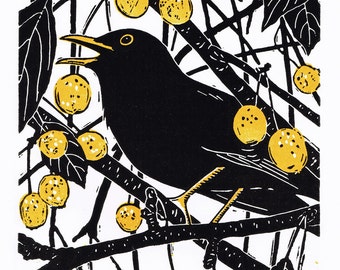 Blackbird print, Blackbird lino print, Blackbird limited edition linocut print