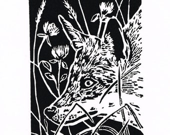 Fox art handmade print - Linocut Print Original art