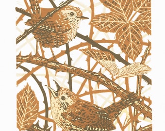 Wren Original Linocut Print, Limited Edition Bird Art, 'The Wrens' Duet'