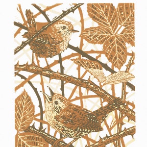 Wren print, Wren linocut print, Wren art print Original limited edition Wren linocut print. image 1