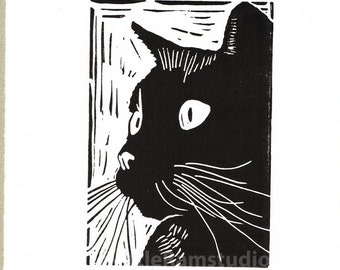 Black Cat, Black Cat Art, Black Cat Print, Black Cat Linocut Print Original Handmade