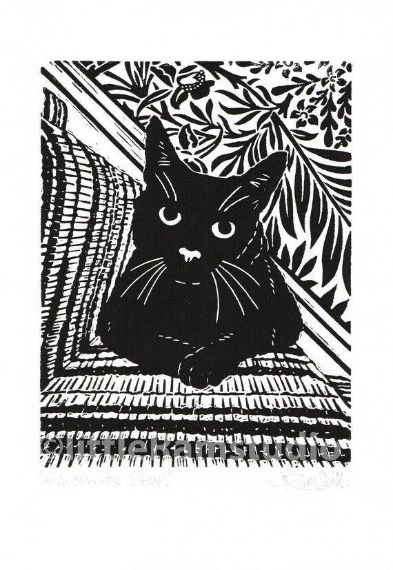 Black Cat Print, Black Cat Art, Black Cat Linocut Print Original