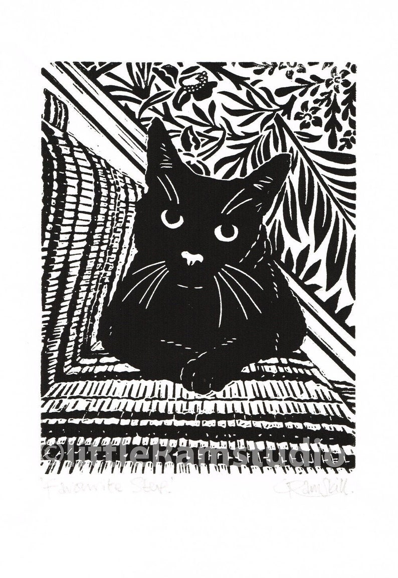 Black Cat Print, Black Cat Art, Black Cat Linocut Print Original Handmade image 1