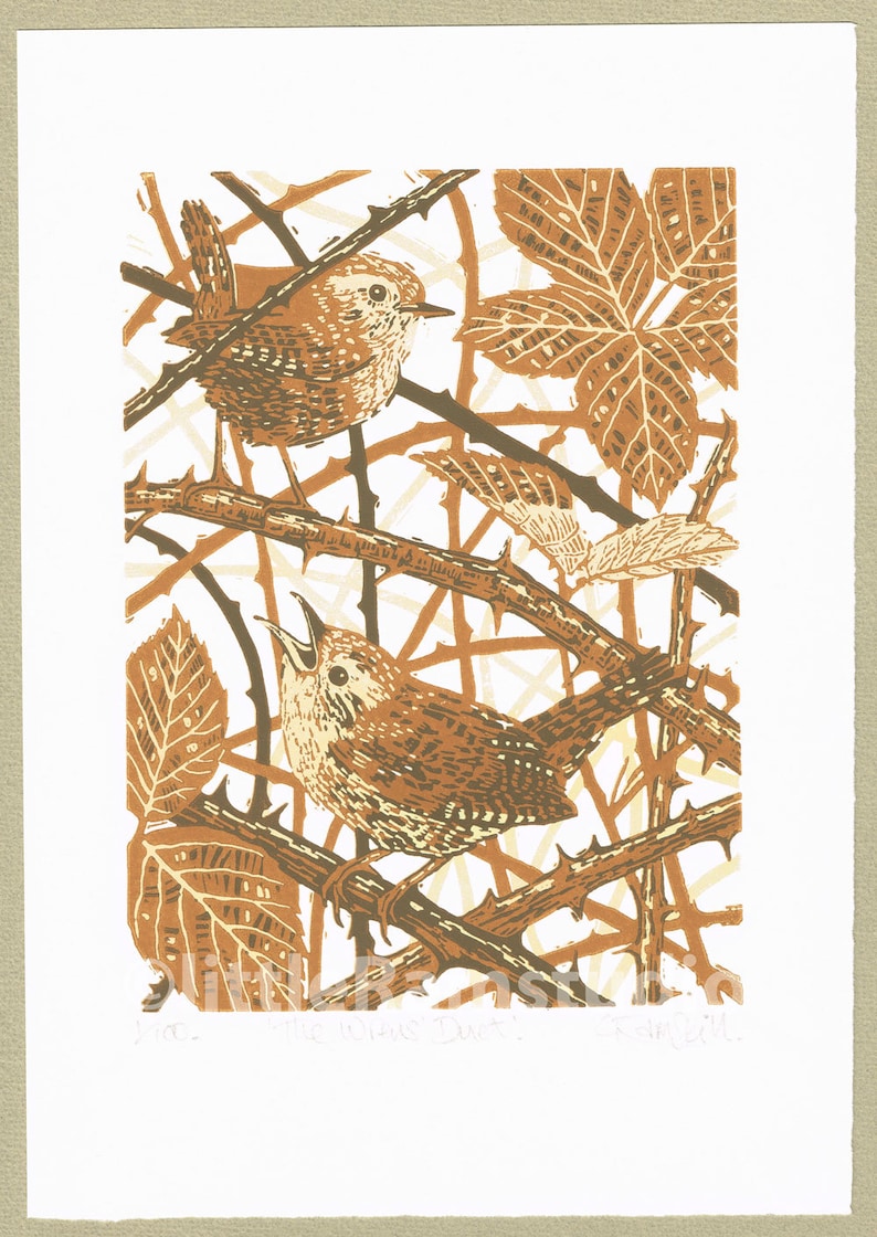 Wren print, Wren linocut print, Wren art print Original limited edition Wren linocut print. image 1