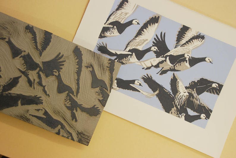 Barnacle Geese Art linoprint Original limited edition hand cut linocut print. image 2