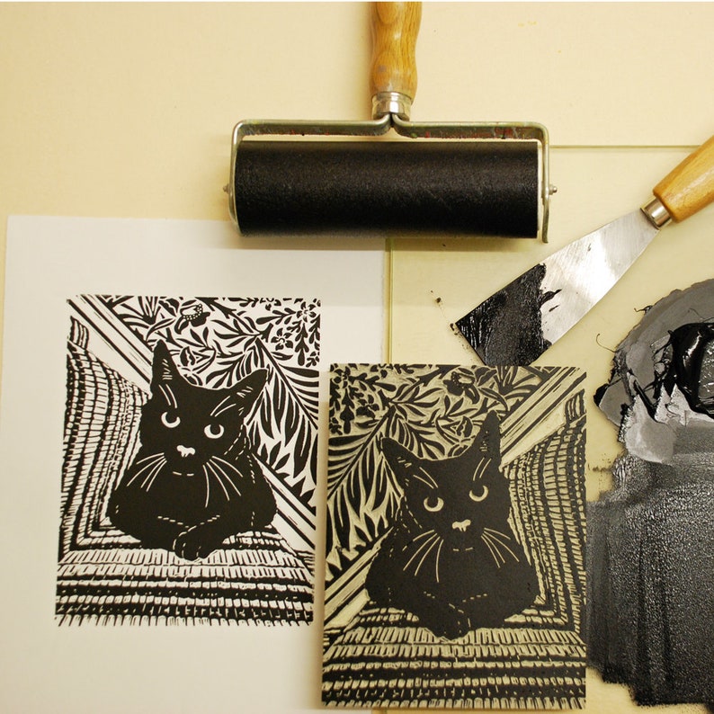 Black Cat Print, Black Cat Art, Black Cat Linocut Print Original Handmade image 5