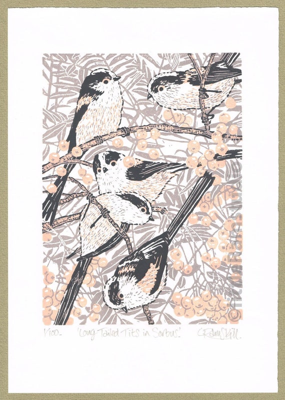 Long-Tailed Tits Linocut Print, Original Limited Edition Garden Bird Art