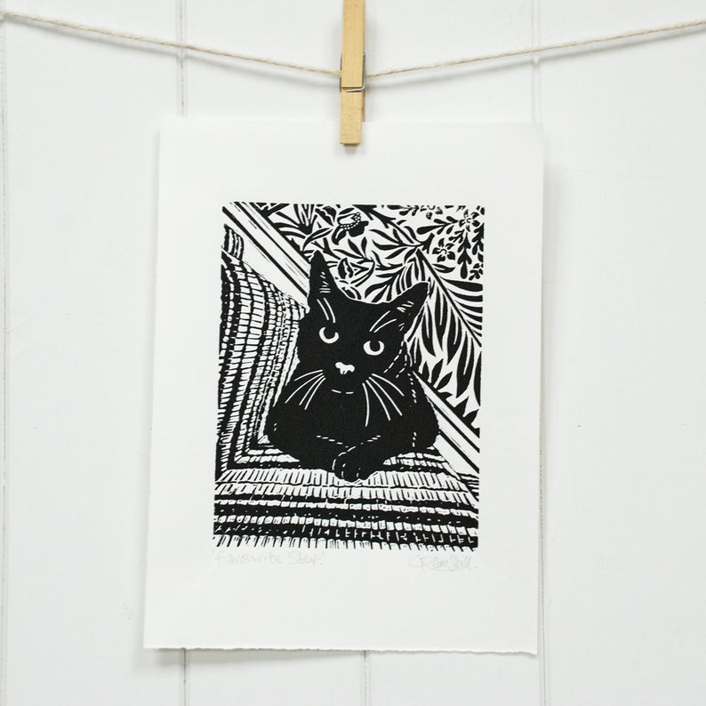 Black Cat Print, Black Cat Art, Black Cat Linocut Print Original Handmade image 3