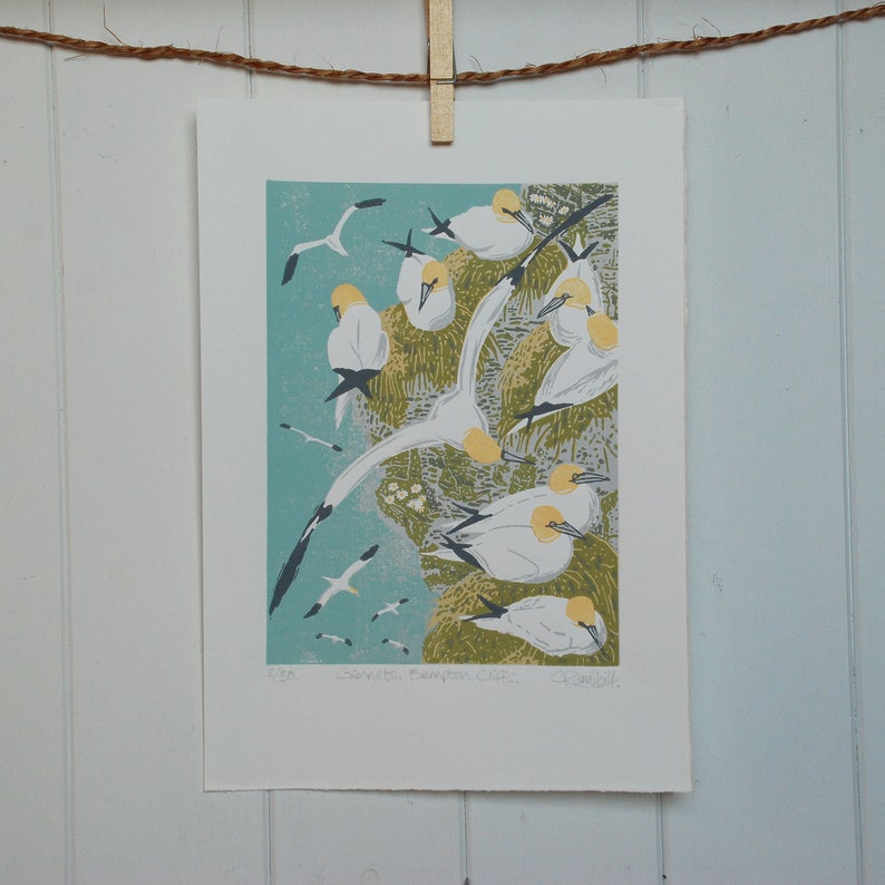 Gannets Linocut Print, Sea Bird Art Print Gannets Limited Edition Hand ...