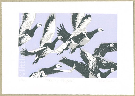 Barnacle Geese Art linoprint - Original limited edition hand cut linocut print.