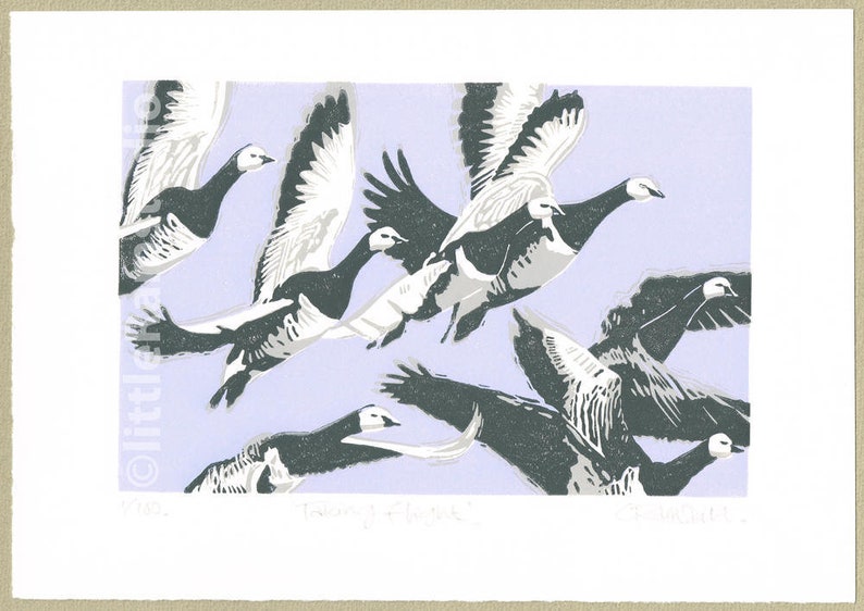 Barnacle Geese Art linoprint Original limited edition hand cut linocut print. image 1